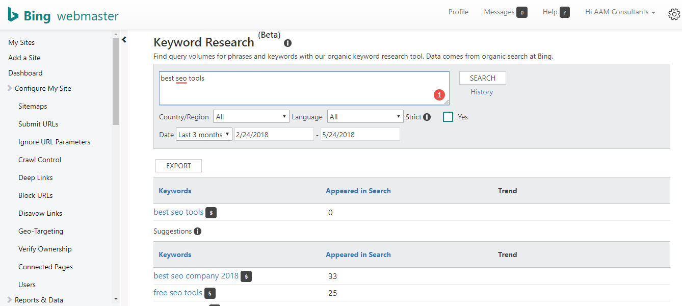 bing keywords research seo tool